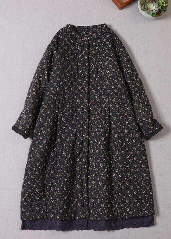 Boho Black Print Fine Cotton Filled Winter Coats Winter Crew Neck V-Neck Boat Neck