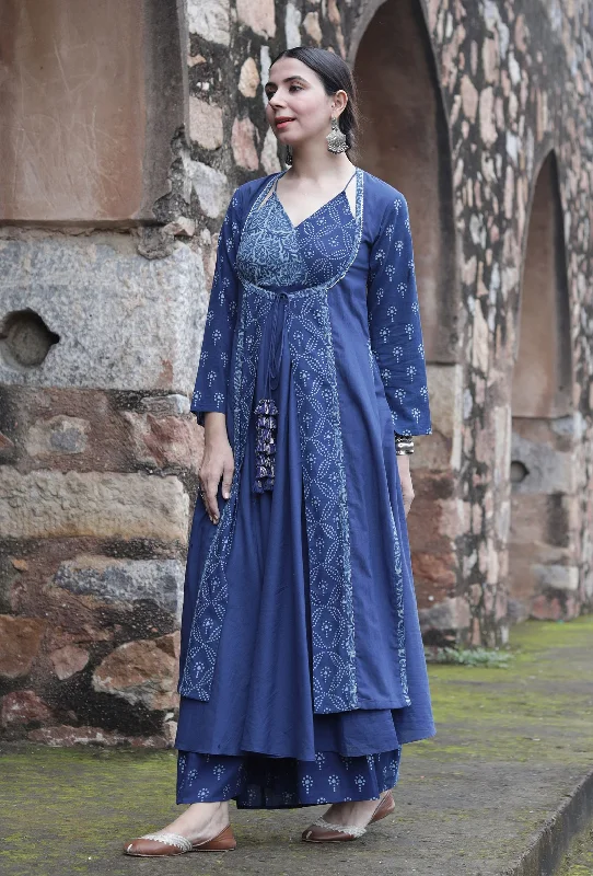 Myra Indigo Solid & Buti Printed Front-Tie Jama Long Coat Blouse Shirt Tunic