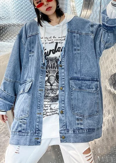 Women denim blue Fine trench coat Shape Button Down outwear Bodycon Sheath Shift