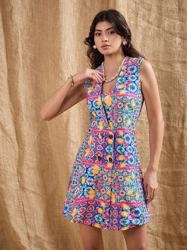 Women Blue Printed Double Breast Sleeveless Blazer Dress Women's Simple Jacket