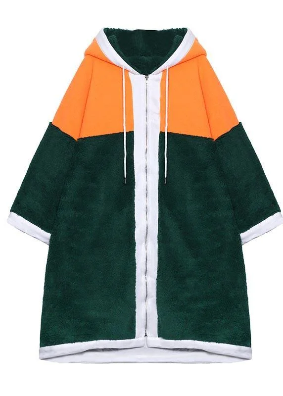 Luxury Mid-length Coats Green Hooded Patchwork Teddy Coat Three-Quarter Sleeve Elbow Sleeve Wrist Sleeve Luxury Mid-length Coats Green Hooded Patchwork Teddy Coat Three-Quarter Sleeve Elbow Sleeve Wrist Sleeve