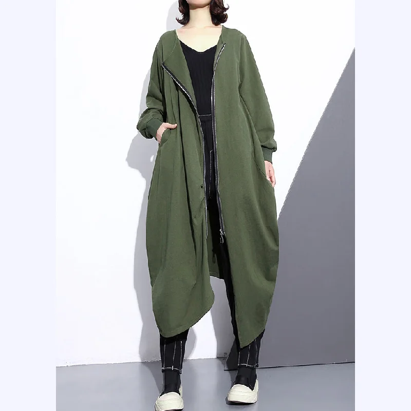 Fashion army green long coat oversize O neck asymmetrical design outwear Fashion zippered coats Fitted Loose Oversized Fashion army green long coat oversize O neck asymmetrical design outwear Fashion zippered coats Fitted Loose Oversized