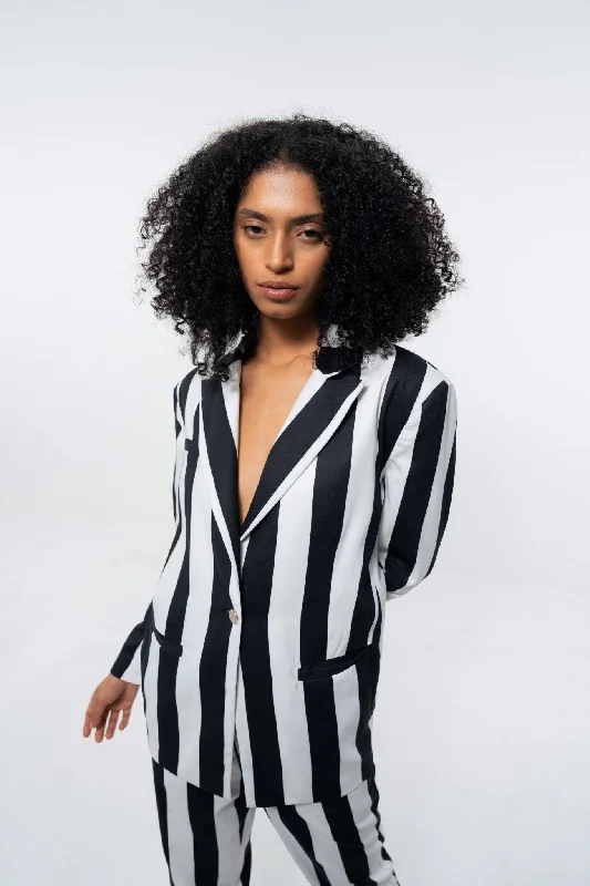WHITE AND BLACK STRIPE SINGLE BREASTED BLAZER Women's Brand Blazer