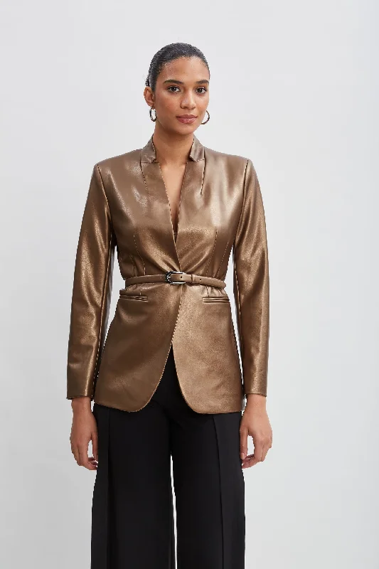 Metallic Vegan Leather Belted Blazer Women's Pencil Blazer
