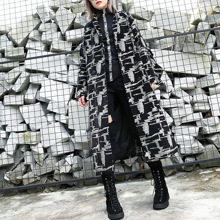 2025 black print Coat plus size lapel patchwork Coat Fine asymmetrical design coat Tie-Waist Belted Drawstring 2025 black print Coat plus size lapel patchwork Coat Fine asymmetrical design coat Tie-Waist Belted Drawstring