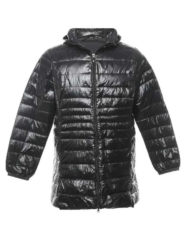 Hooded Puffer Coat - L Denim Leather Suede