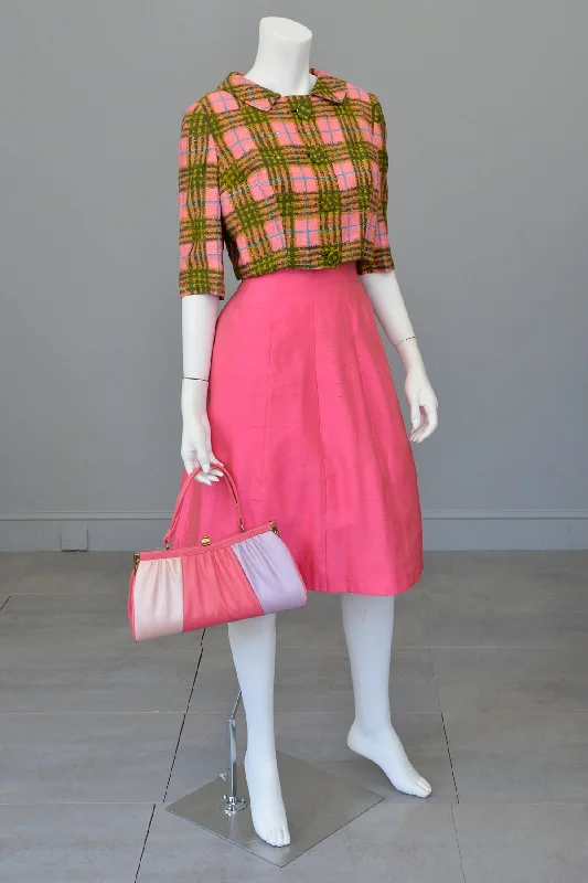 1950s Hot Pink + Olive Green Plaid Bolero Blazer Women's Trendy Jacket