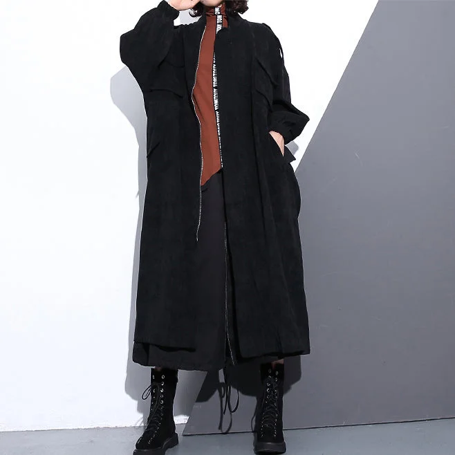 Elegant black cotton blended Coat Loose fitting Stand zippered Winter coat boutique long sleeve pockets baggy maxi coat Chenille Brocade Lace Elegant black cotton blended Coat Loose fitting Stand zippered Winter coat boutique long sleeve pockets baggy maxi coat Chenille Brocade Lace