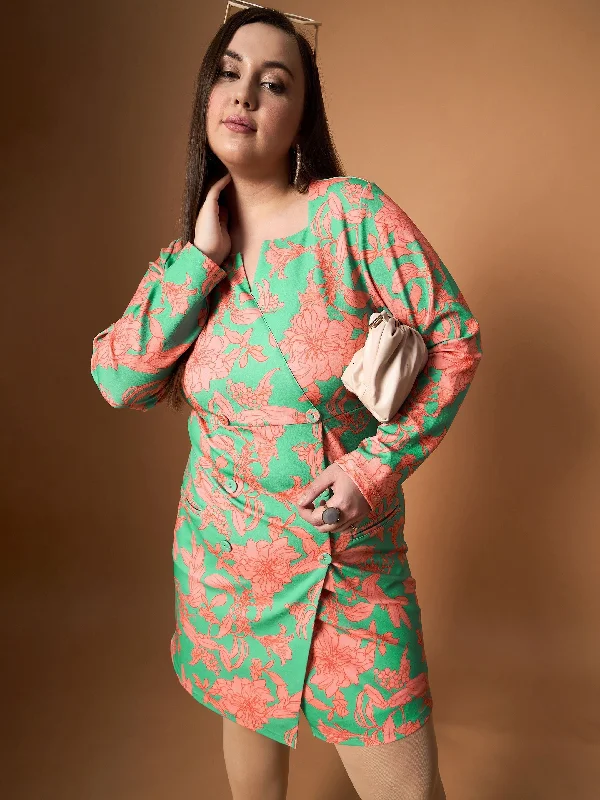 Women Green Floral Square Neck Blazer Dress Women's Elegant Blazer