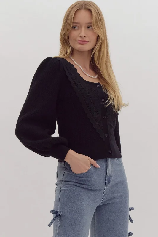 Balloon Sleeve Sweater Cardigan Denim Fabric Leather Fabric Suede Fabric