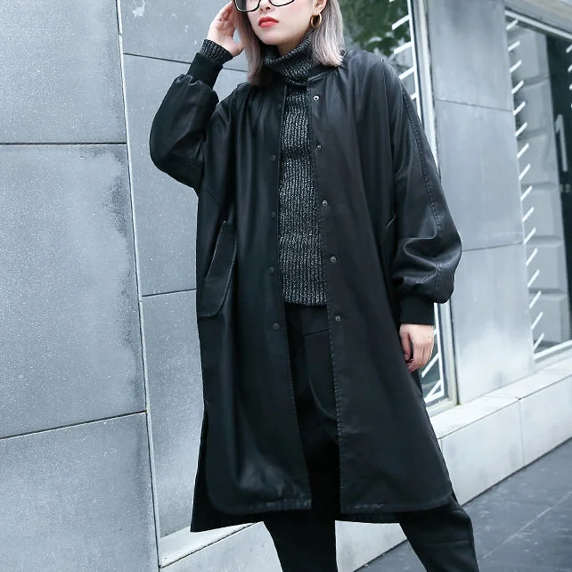 New black pu plus size clothing stand collar holiday tops fine side open pockets linen pu coat Vent Hem Cuff New black pu plus size clothing stand collar holiday tops fine side open pockets linen pu coat Vent Hem Cuff
