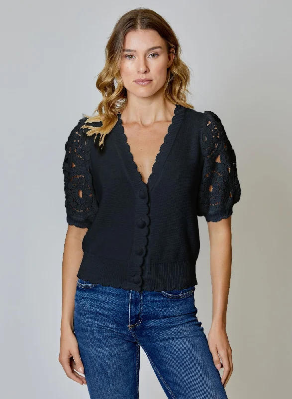 Crochet Detail Sleeve Cardigan Elasticated Padded Insulated