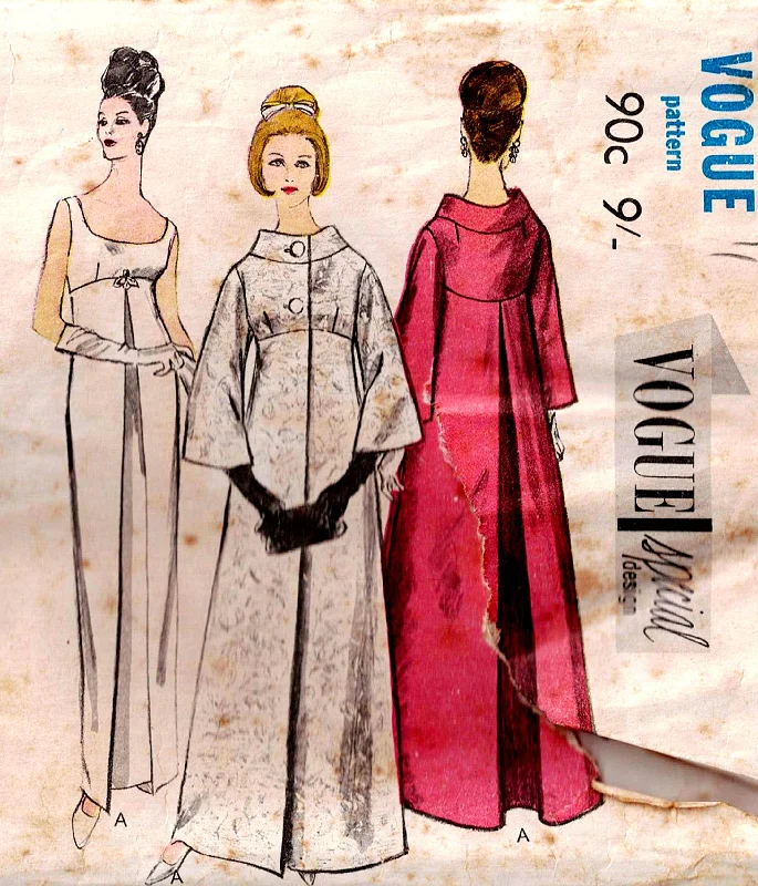 Vogue Special Design 6084 Womens Empire Waisted Evening Gown & Theatre Coat 1960s Vintage Sewing Pattern Size 14 Bust 34 Inches UNUSED Factory Folded Print Jacquard Embroidered