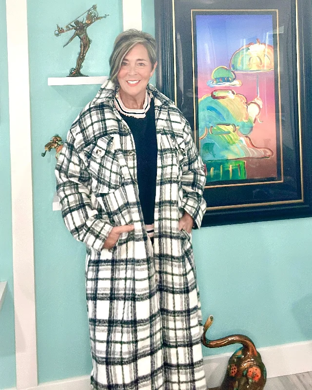 Black & White Plaid Duster Long Wool Flannel Open Front Coat Shacket Houndstooth Jacket Shearling Jacket Fleece Jacket Black & White Plaid Duster Long Wool Flannel Open Front Coat Shacket Houndstooth Jacket Shearling Jacket Fleece Jacket