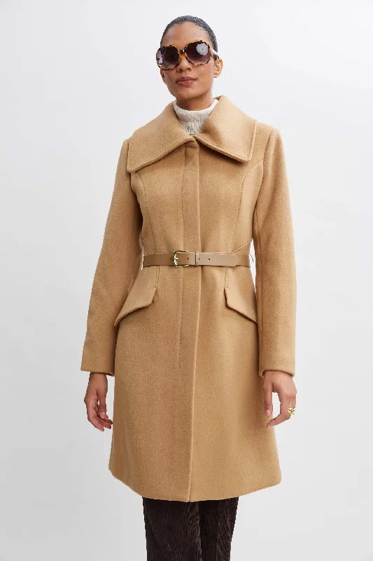 Wool Belted Panel Coat Sequined Lace Ribbed