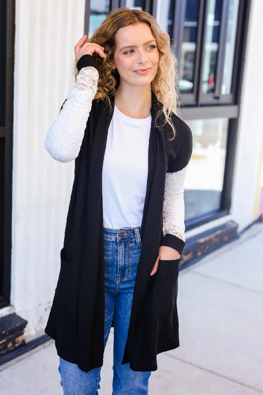 Black Lace Sleeve Pocketed Long Cardigan Casual Formal Business