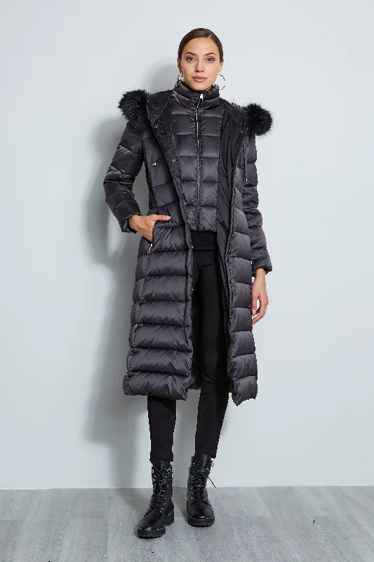 Tahari Maxi Layer Puffer Coat Wool Cashmere Tweed