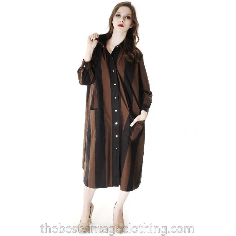 Vintage Vuokko Suomi Cotton Shirt/Tent Dress Coat 1970s Black & Brown Bold Stripes M Plaid Tartan Floral Vintage Vuokko Suomi Cotton Shirt/Tent Dress Coat 1970s Black & Brown Bold Stripes M Plaid Tartan Floral