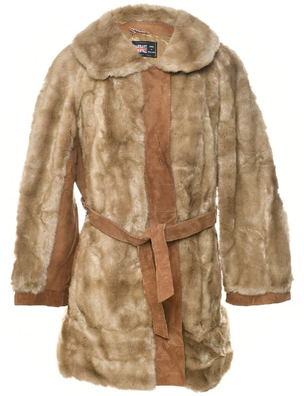 Light Brown Faux Fur Coat - M Asymmetrical Collar Hooded Zippered