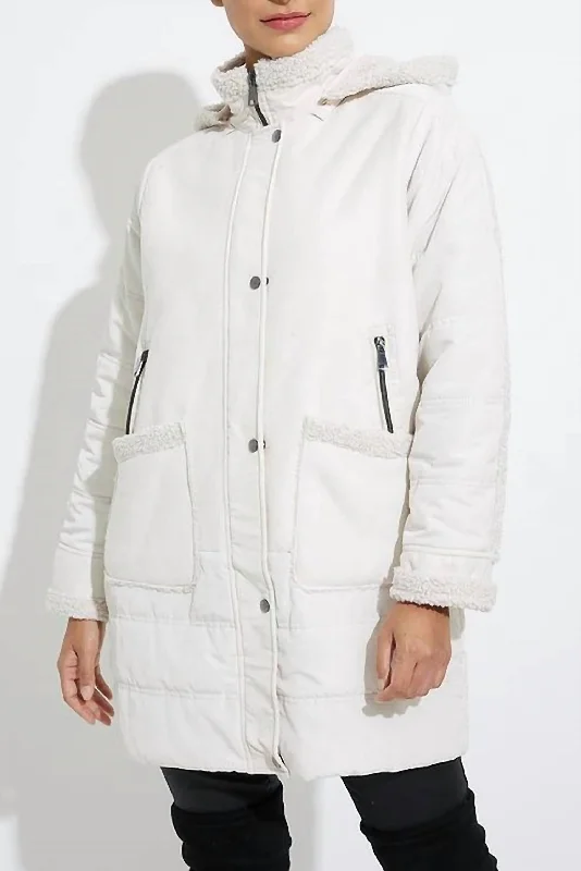 Faux Suede Sherpa Puffer Coat in Ecru Sequined Lace Ribbed