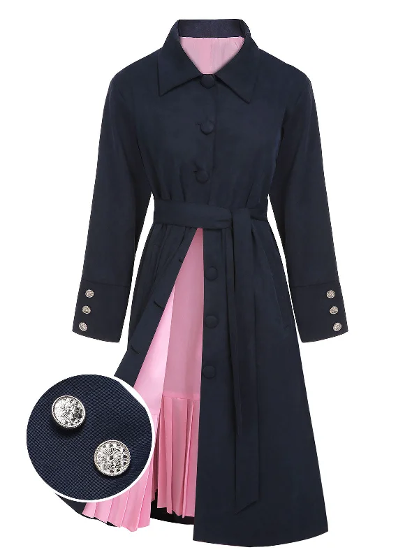 Dark Blue 1950s Solid Belted Coat Parka Anorak Hoodie