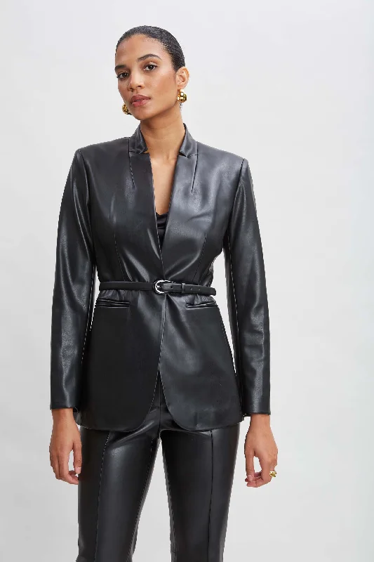 Vegan Leather Belted Blazer Slimming Women's Blazer