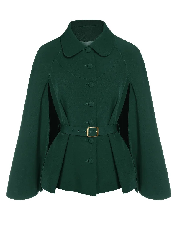 Green 1940s Lapel Cape Coat Plaid Tartan Floral
