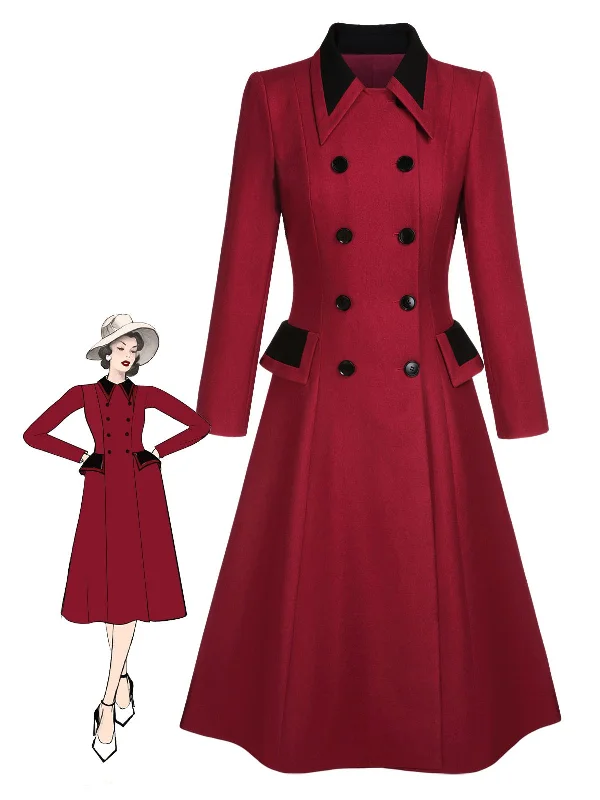 Red 1950s Lapel Double Breasted Coat Collared Crew Neck Turtle Neck