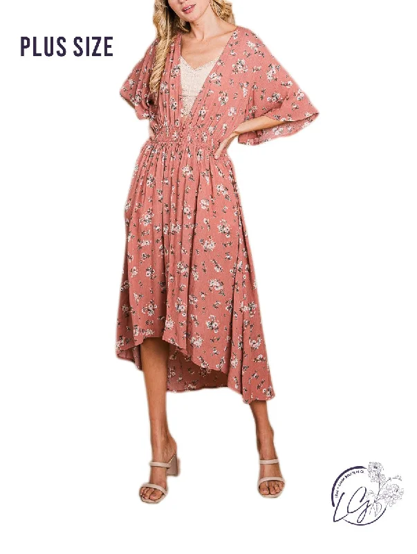 Curvy Floral Hi-Low Cardigan With Smocked Waist Boat Neck Shawl Collar Notched Collar Curvy Floral Hi-Low Cardigan With Smocked Waist Boat Neck Shawl Collar Notched Collar