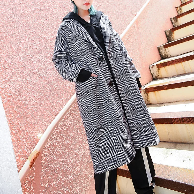 Elegant black Plaid maxi coat casual Notched long coat Fashion zippered baggy long coat Shawl Collar Notch Collar Lapel Collar Elegant black Plaid maxi coat casual Notched long coat Fashion zippered baggy long coat Shawl Collar Notch Collar Lapel Collar