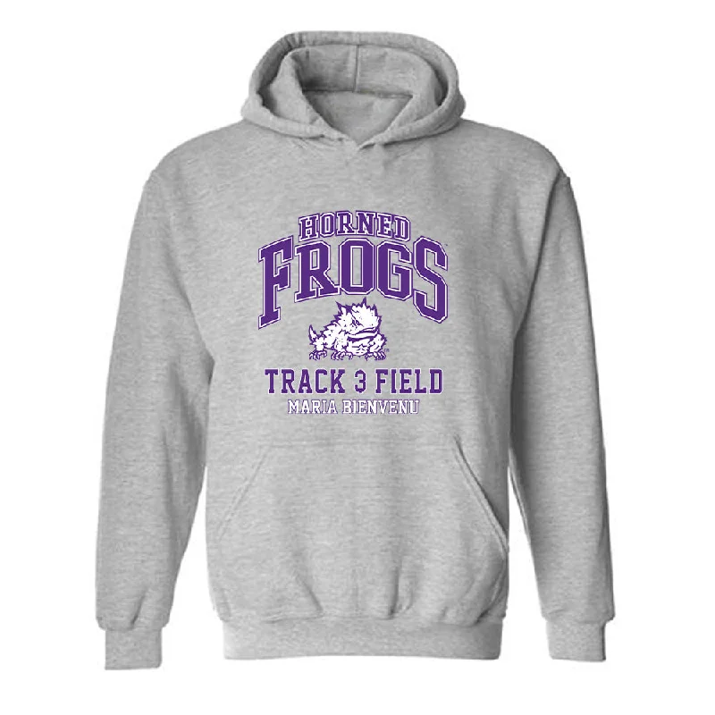 TCU - NCAA Women's Track & Field : Maria Bienvenu - Classic Fashion Shersey Hooded Sweatshirt Hoodie with Front Slit Layering Stylish TCU - NCAA Women's Track & Field : Maria Bienvenu - Classic Fashion Shersey Hooded Sweatshirt Hoodie with Front Slit Layering Stylish