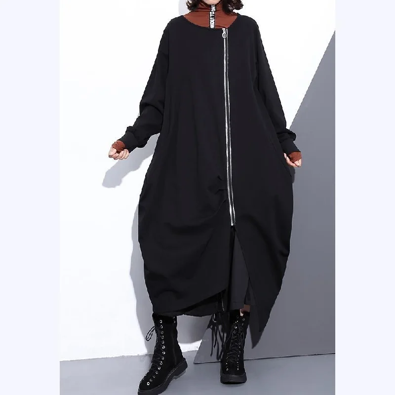 Luxury black Coat plus size O neck asymmetrical design Coats fine zippered long coats Mesh Canvas Denim Luxury black Coat plus size O neck asymmetrical design Coats fine zippered long coats Mesh Canvas Denim
