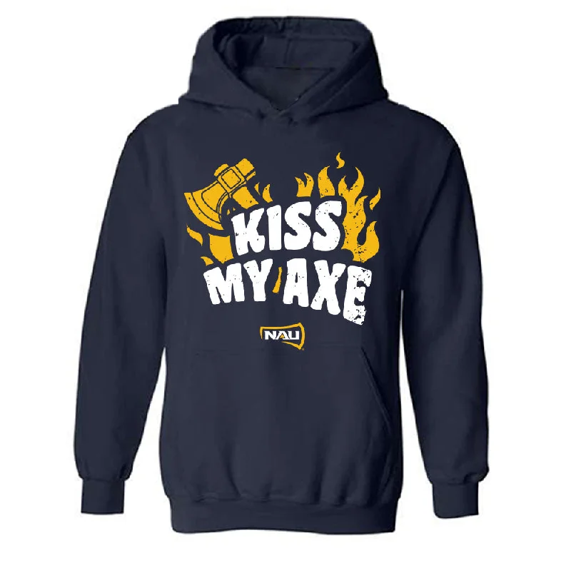 Northern Arizona - NCAA Women's Track & Field : Odessa Zentz - Kiss My Axe V3 Classic Shersey Hooded Sweatshirt Hoodie with Hidden Zipper Minimalist Clean