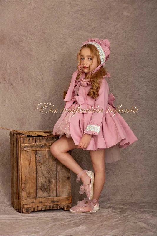 Rosy Mauve Coat and Bonnet Striped Polka Dot Solid
