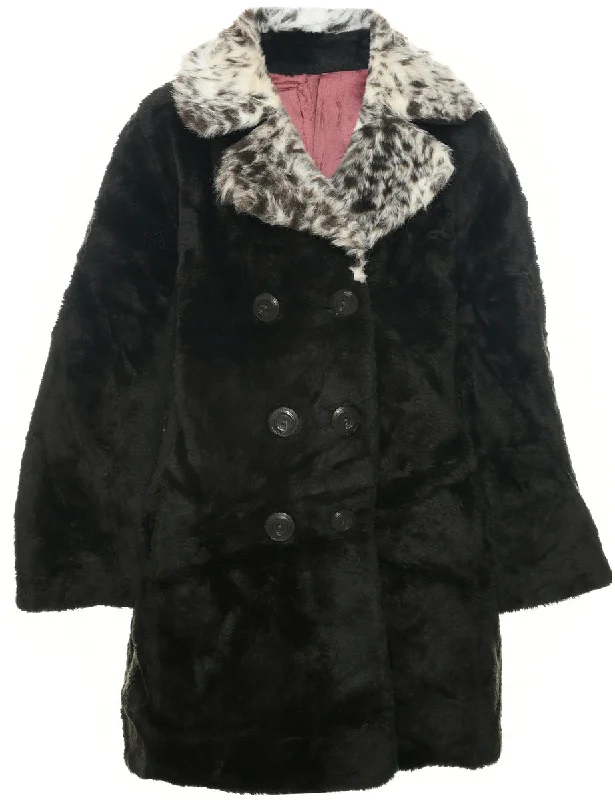 Double Breasted Faux Fur Coat - M Tie-Waist Belted Drawstring