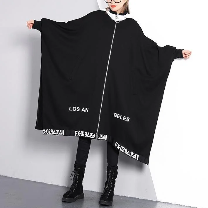 vintage black coat Loose fitting turn-down collar zippered long coat 2018 Batwing Sleeve asymmetric Coat Houndstooth Coat Plaid Coat Tartan Coat
