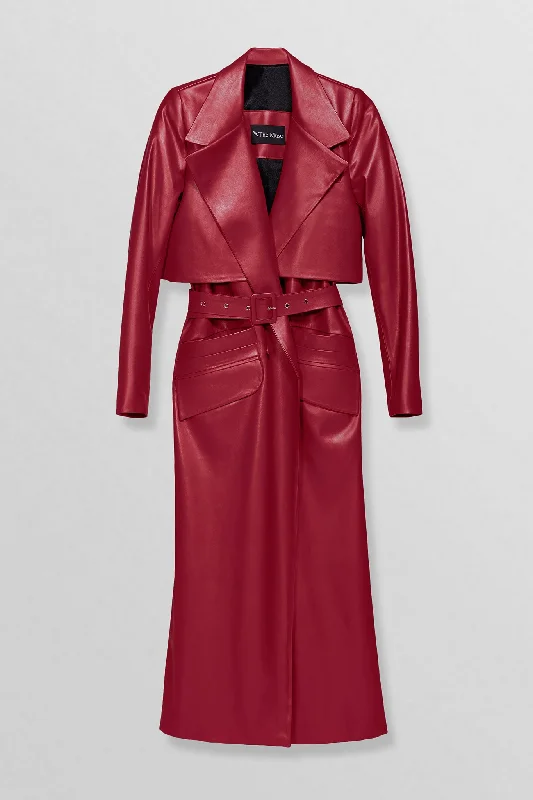 Belted vegan leather trench coat in red A-Line Ball Gown Mermaid