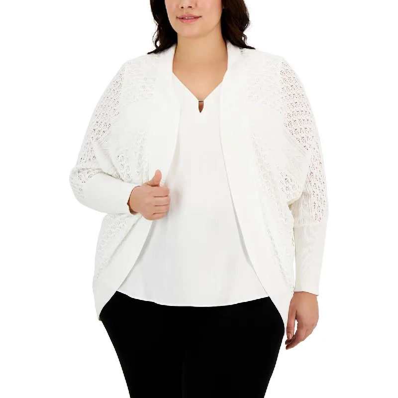Anne Klein Womens Plus Ribbed Trim  Knit Cardigan Sweater Soft Cozy Warm