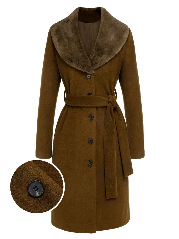 Brown 1940s Fur Collar Belted Coat Vest Waistcoat Gilet