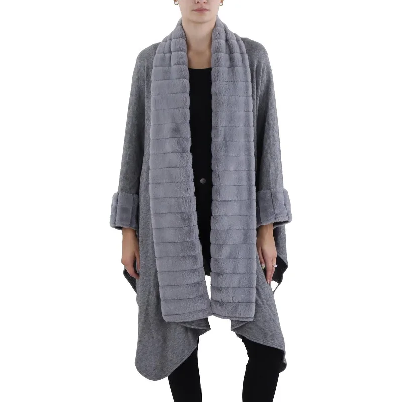 PLM Womens Cape Faux Fur Trim Cardigan Sweater Bright Pastel Dark