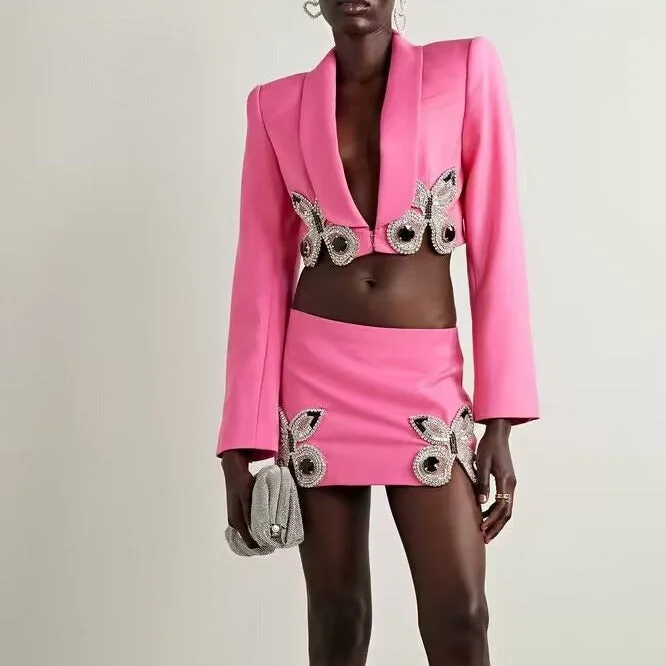 KittenAlarm - Amy Butterfly-crystal Cropped Blazer Skirt Set Women's Handmade Blazer