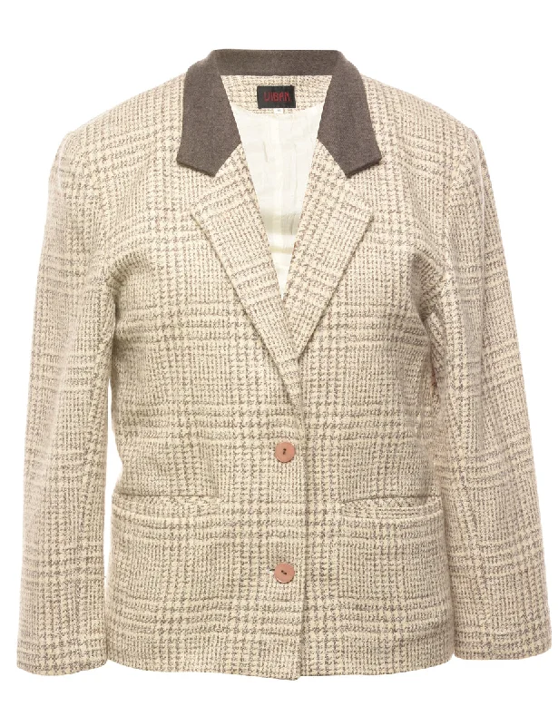 Houndstooth Light Brown & Cream Contrast Collar Blazer - L Women's Brand Blazer