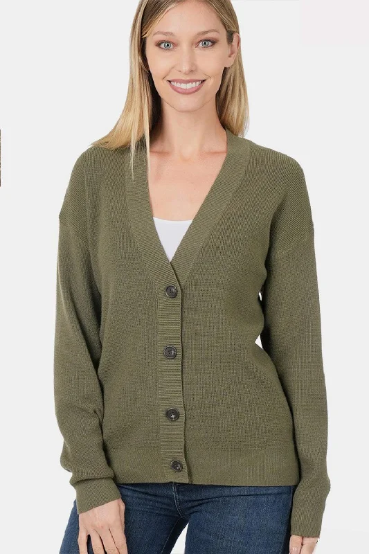 Zenana Button Up V-Neck Dropped Shoulder Cardigan Striped Floral Plaid