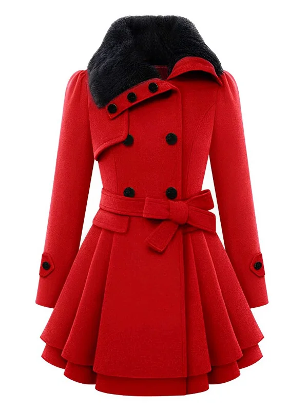 1950s Fur Collar Waisted Winter Coat Elasticated Drawstring Belted