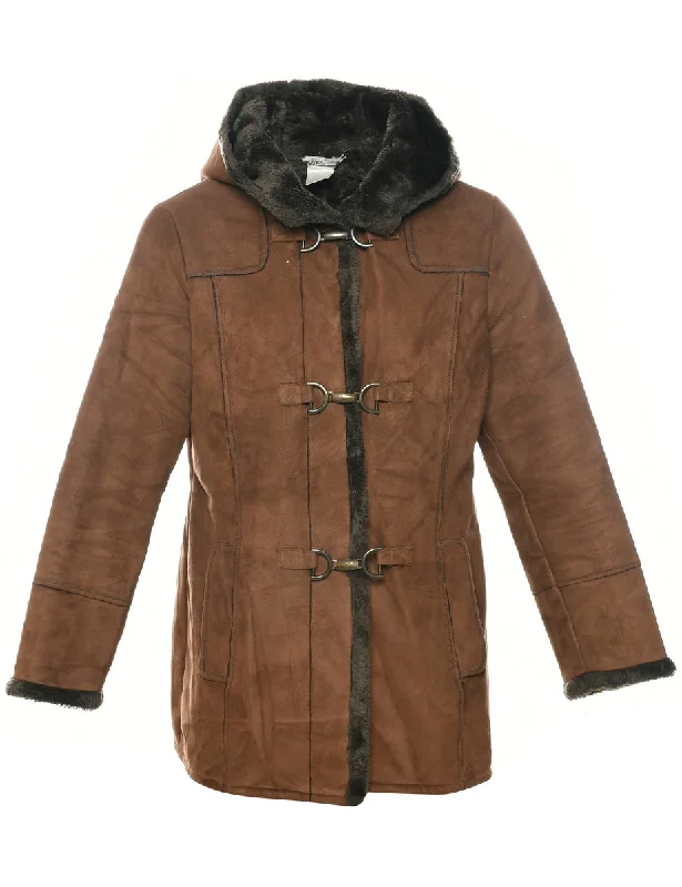 Hooded Brown Coat - S Zip Front Button Front Snap Front