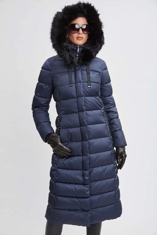 Tahari Maxi Layer Puffer Coat Mesh Canvas Denim