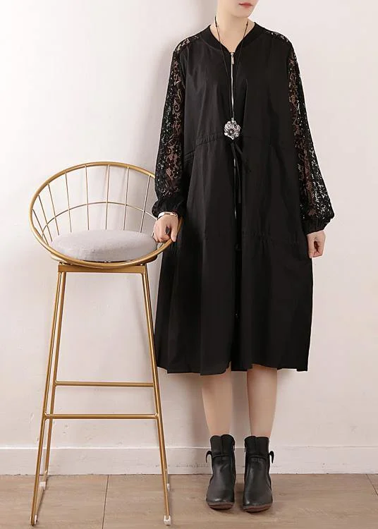 Chic black Plus Size trench coat Fabrics o neck zippered fall outwears Square Neck One-Shoulder Off-the-Shoulder