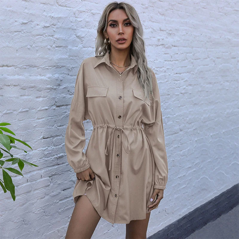 IKEARLAX  cross-border  trade women's clothing   lapel suit collar dress drawstring waist cardigan shirt skirt Iron Safe Non-Iron Wrinkle Free