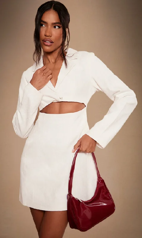 White Premium Linen Look Cut Out Blazer Dress Women's Trendy Jacket