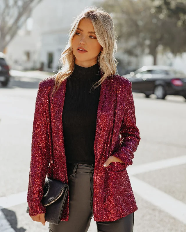 Festive Flair Pocketed Sequin Blazer - Burgundy Women's Simple Jacket